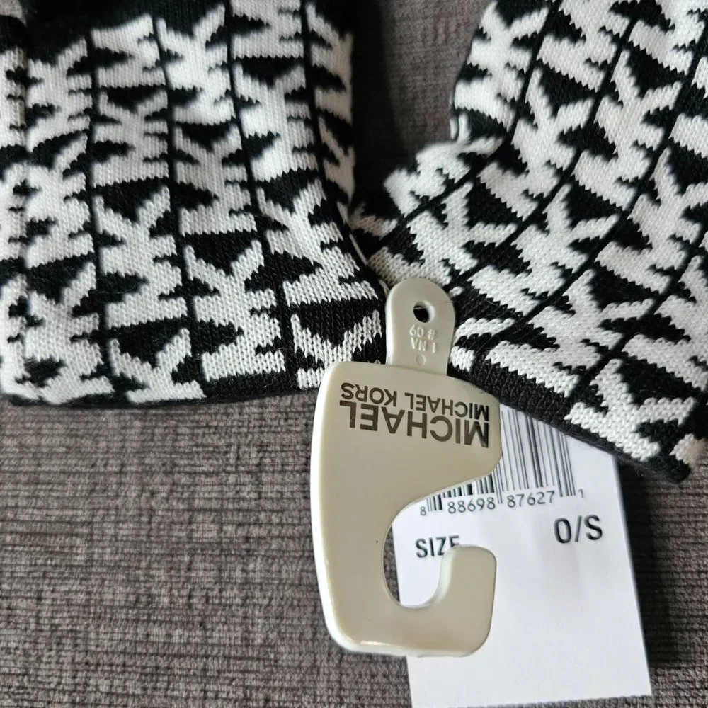 Michael Kors 2 pc Black & White MK Logo monogram Knit Cuffed Gloves & Scarf set